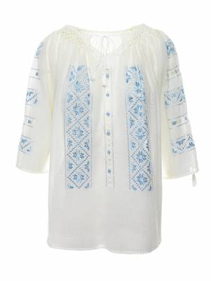 Ie Tradițională Mânecă Scurtă cu Dantelă Ajur și Broderie Geometrică din Mătase Bleu-Ciel Lucrată Manual