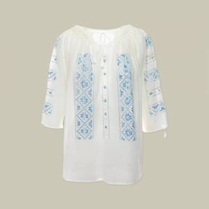Ie Tradițională Mânecă Scurtă cu Dantelă Ajur și Broderie Geometrică din Mătase Bleu-Ciel Lucrată Manual