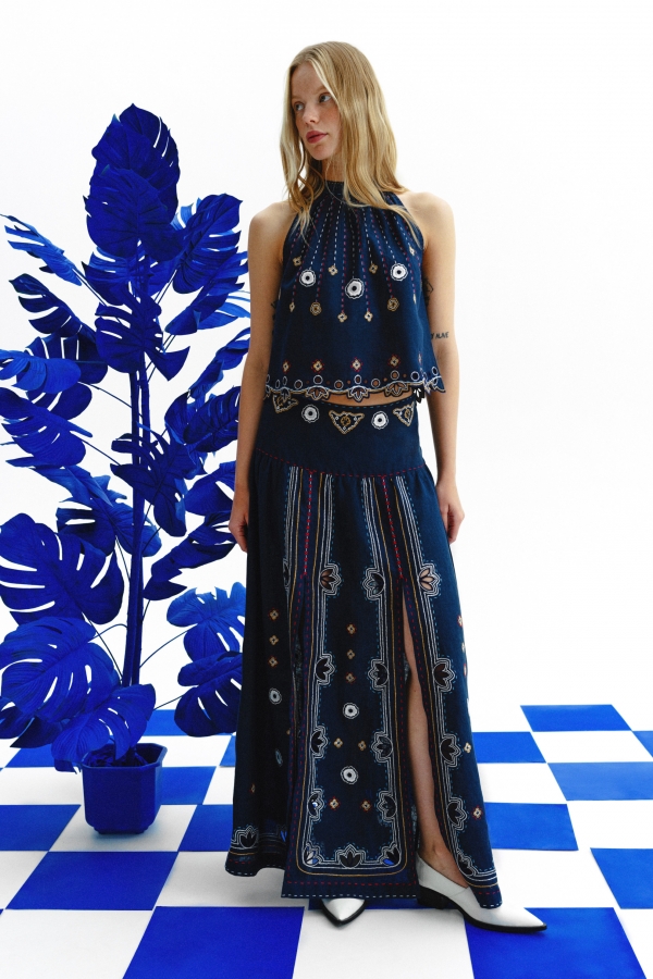 Check Mate Long Skirt in Navy Blue