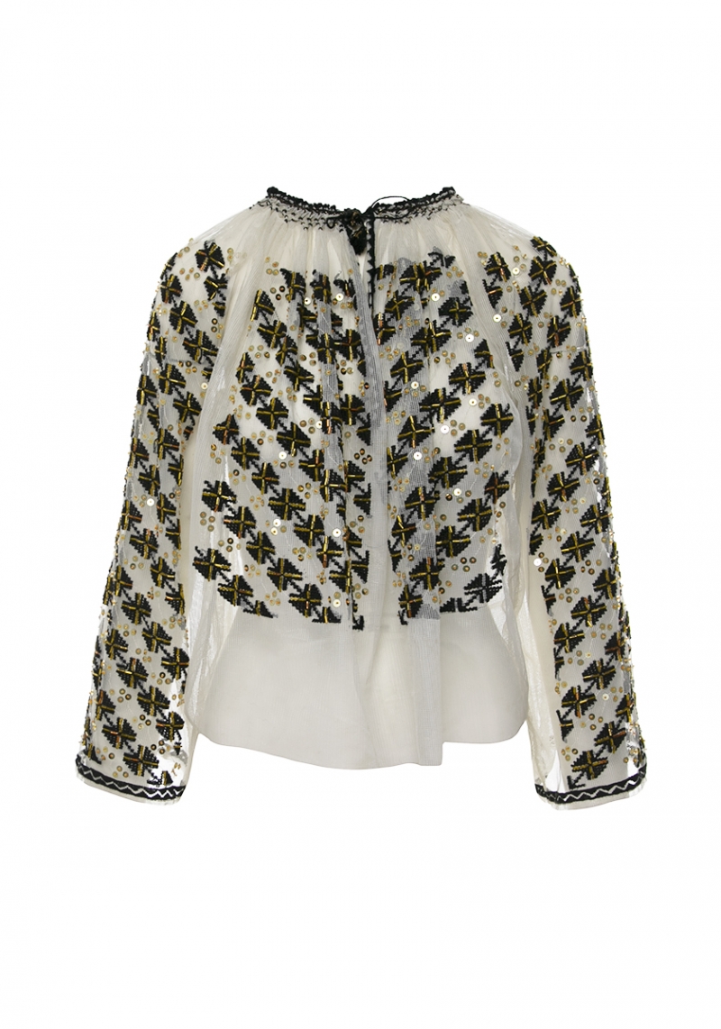 Embelished with sequins and beads tulle vintage Romanian blouse