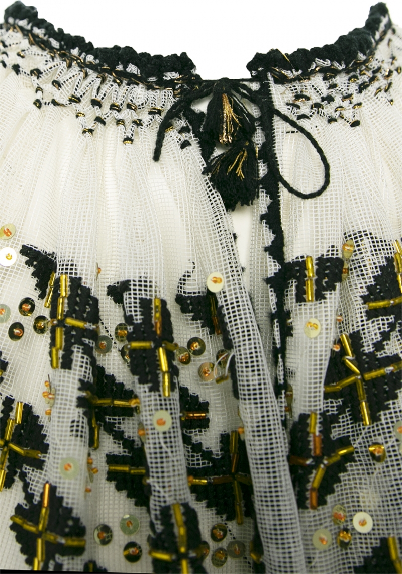 Embelished with sequins and beads tulle vintage Romanian blouse
