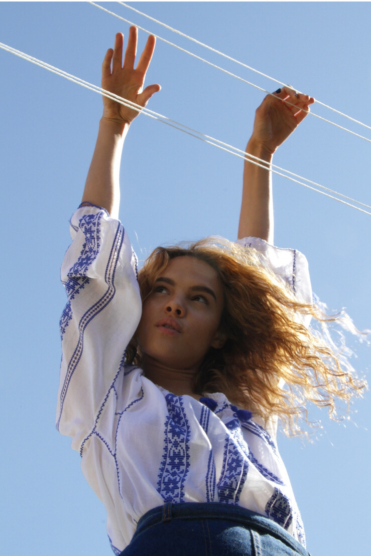 Handwoven Traditional Romanian Blouse White with Blue Embroidery