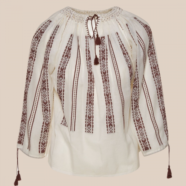 Handwoven Traditional Romanian Blouse White with Brown Embroidery