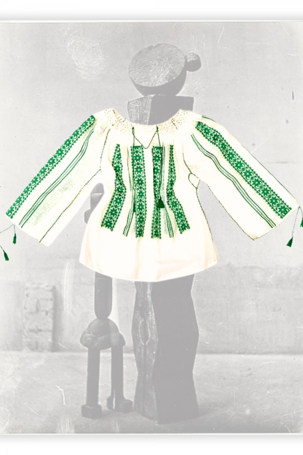 Handwoven Traditional Romanian Blouse White with Green Embroidery