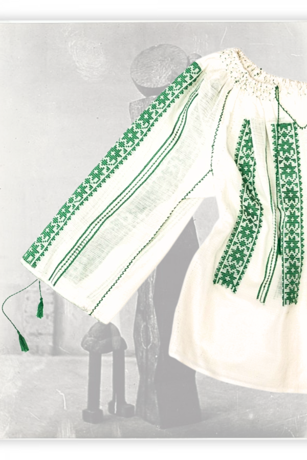 Handwoven Traditional Romanian Blouse White with Green Embroidery