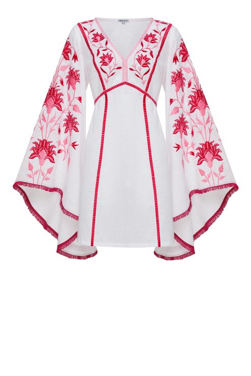 Linda White Dress With Pink Embroidery