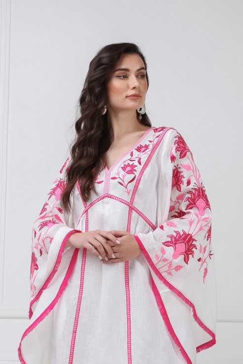 Linda White Dress With Pink Embroidery