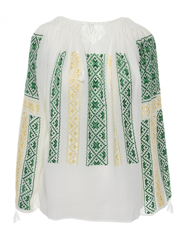 Long-Sleeved Traditional Romanian Blouse with Green and Golden Silk 'Eight-Pointed Star' Embroidery Handmade by Artisans