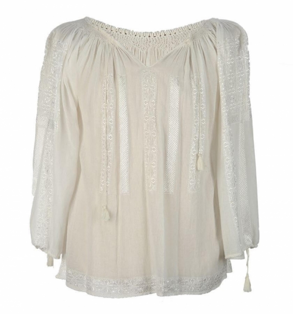 Long-Sleeved Traditional Romanian Blouse with Ivory Silk Geometric Embroidery Handmade by Artisans