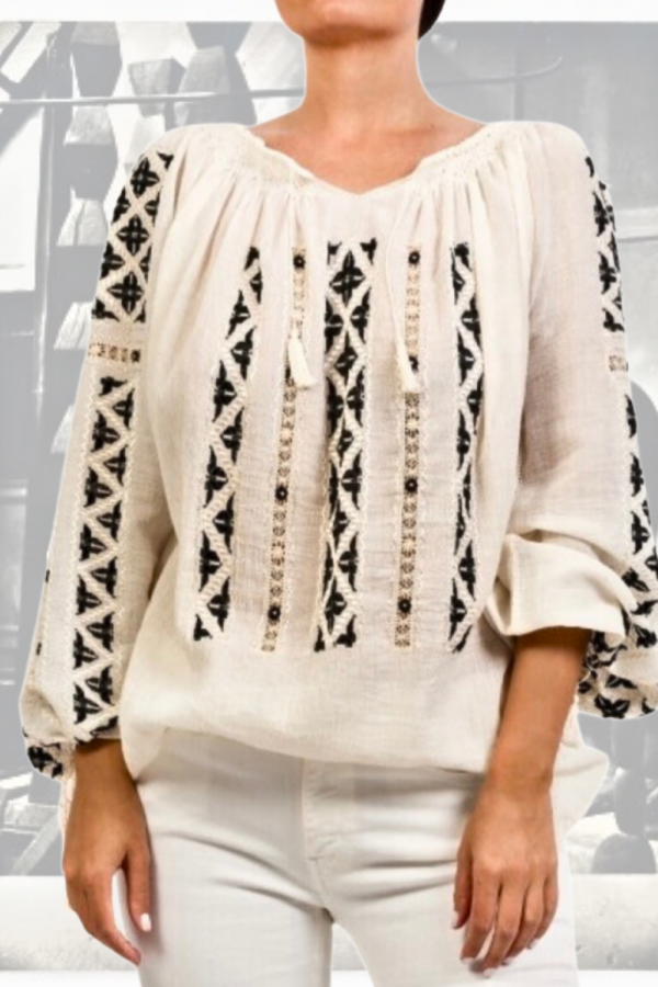 Long-Sleeved Traditional Romanian Blouse with Openwork Lace and Black Silk 'Hook' Embroidery Handmade by Artisans