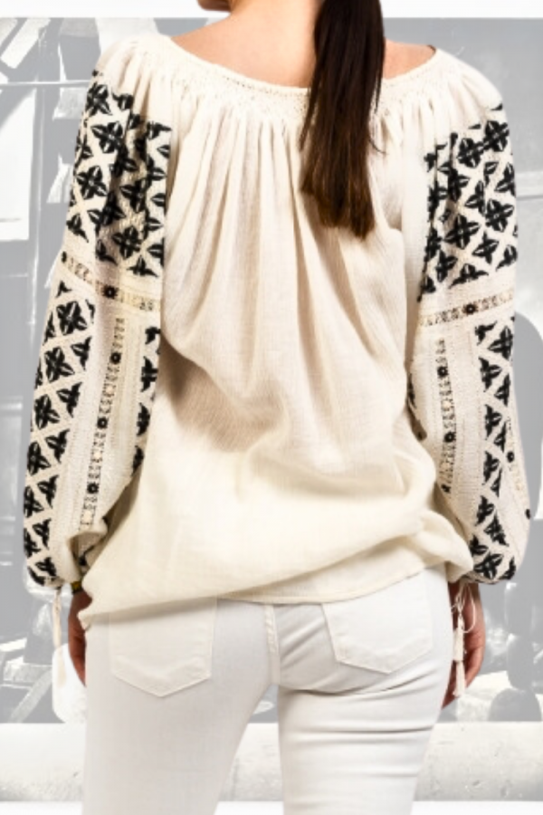 Long-Sleeved Traditional Romanian Blouse with Openwork Lace and Black Silk 'Hook' Embroidery Handmade by Artisans