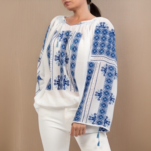 Long-Sleeved Traditional Romanian Blouse with Openwork Lace and Dark-Blue 'Wheel of Fortune' Embroidery Handmade by Artisans