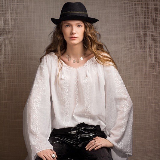 Long-Sleeved Traditional Romanian Blouse with White Silk Geometric Embroidery Handmade by Artisans
