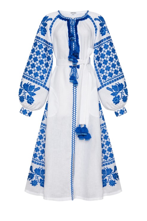 Maxi linen dress with traditional blue embroidery Foberini