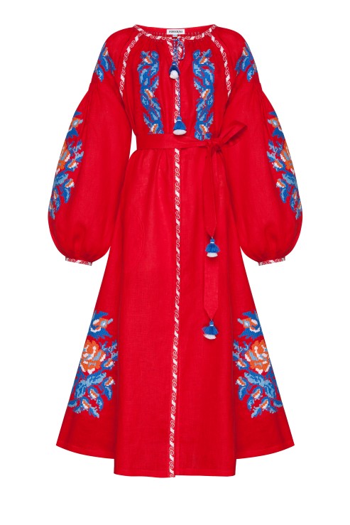 Red midi dress folk traditional style embroidery Claire Foberini