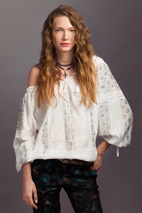  Romanian Blouse with Silver Silk 'Eight-Pointed Star' Embroidery Handmade by Artisans