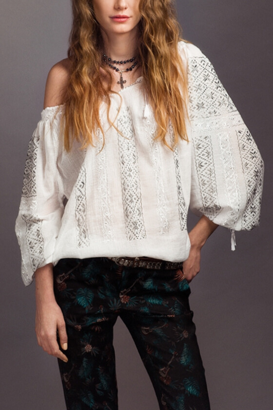  Romanian Blouse with Silver Silk 'Eight-Pointed Star' Embroidery Handmade by Artisans