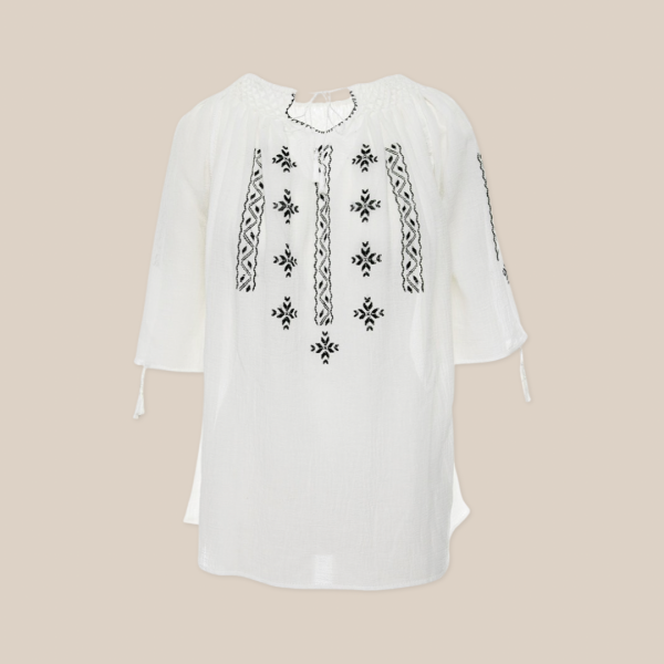 Short-Sleeved Traditional Romanian Blouse with Black Silk Geometric Embroidery Handmade by Artisans