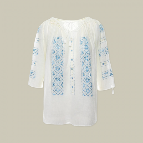 Short-Sleeved Traditional Romanian Blouse with Openwork Lace and Blue-Ciel Silk Geometric Embroidery Handmade by Artisans