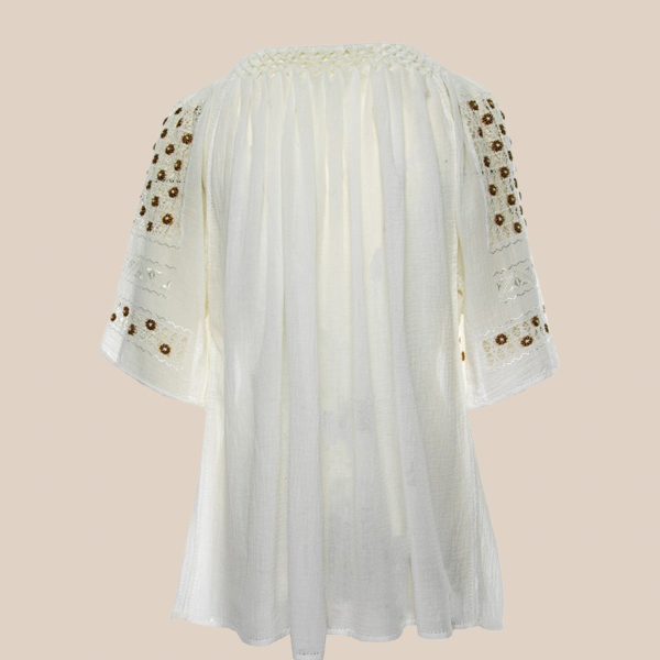 Short-Sleeved Traditional Romanian Blouse with Openwork Lace and Green Silk Little Flowers Hand-Embroidered by Artisans