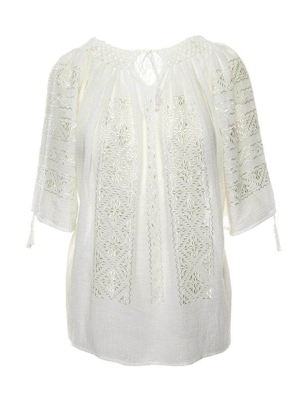 Short-Sleeved Traditional Romanian Blouse with White Silk Geometric Embroidery Handmade by Artisans