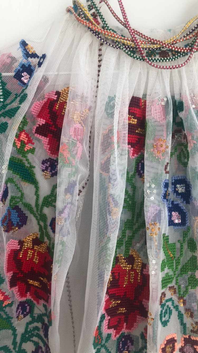 Stunning Vintage Floral Handsewn embroidered blouse on tulle