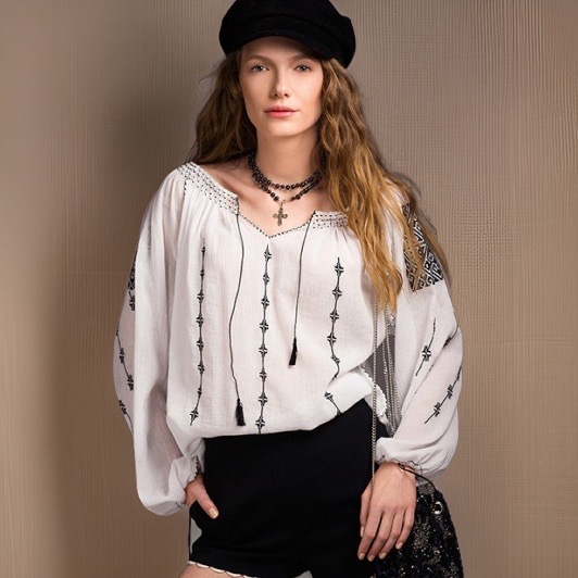 Traditional Romanian Blouse 'Theodora' with Black Embroidery Handmade in Transylvania