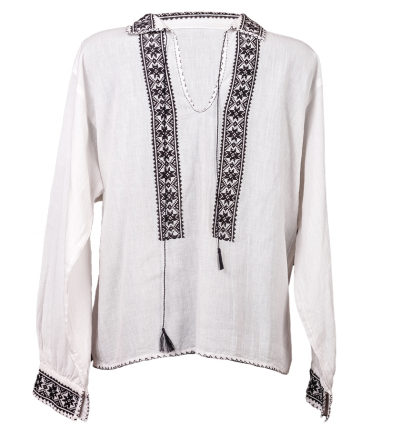 Traditional Shirt for Men with Black Embroidery Handmade in Transylvania