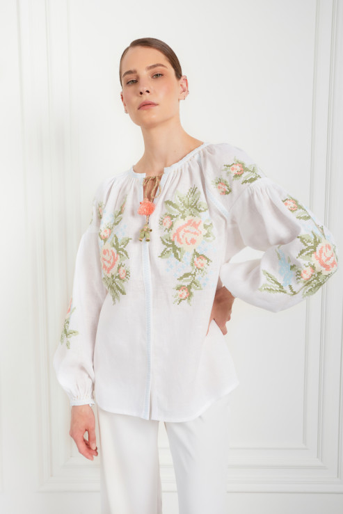 White Floral Ukranian Puff Blouse 