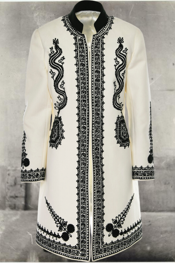 White Wool & Cashmere Coat with Black Embroidery, Handcrafted by Authentic Romanian Artisans (09)